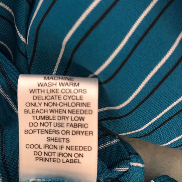 Roundtree &Yorke Mens L Teal Striped Performance Polo Shirt Stretch Comfort Golf - Picture 5 of 7